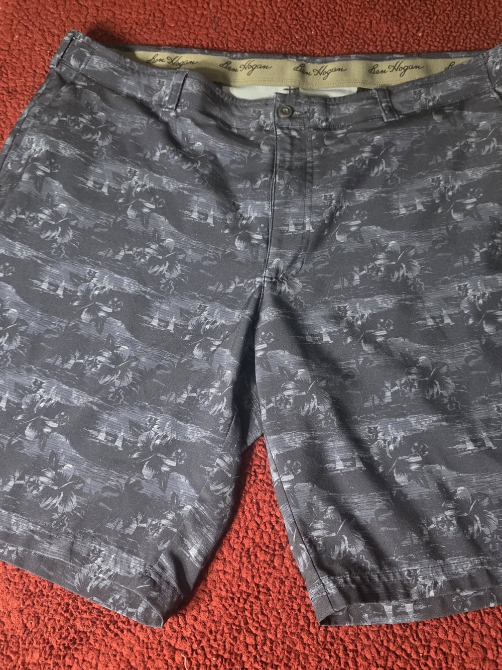 Ben Hogan Men's Gray Palm Print Hybrid Shorts Flat Front Button Closure, 9", 40W
